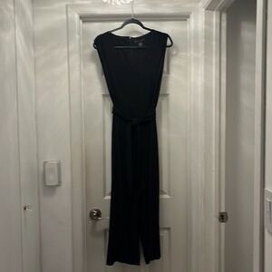 Tahari black jumpsuit with v neck, wide legs, belt, fits above ankle